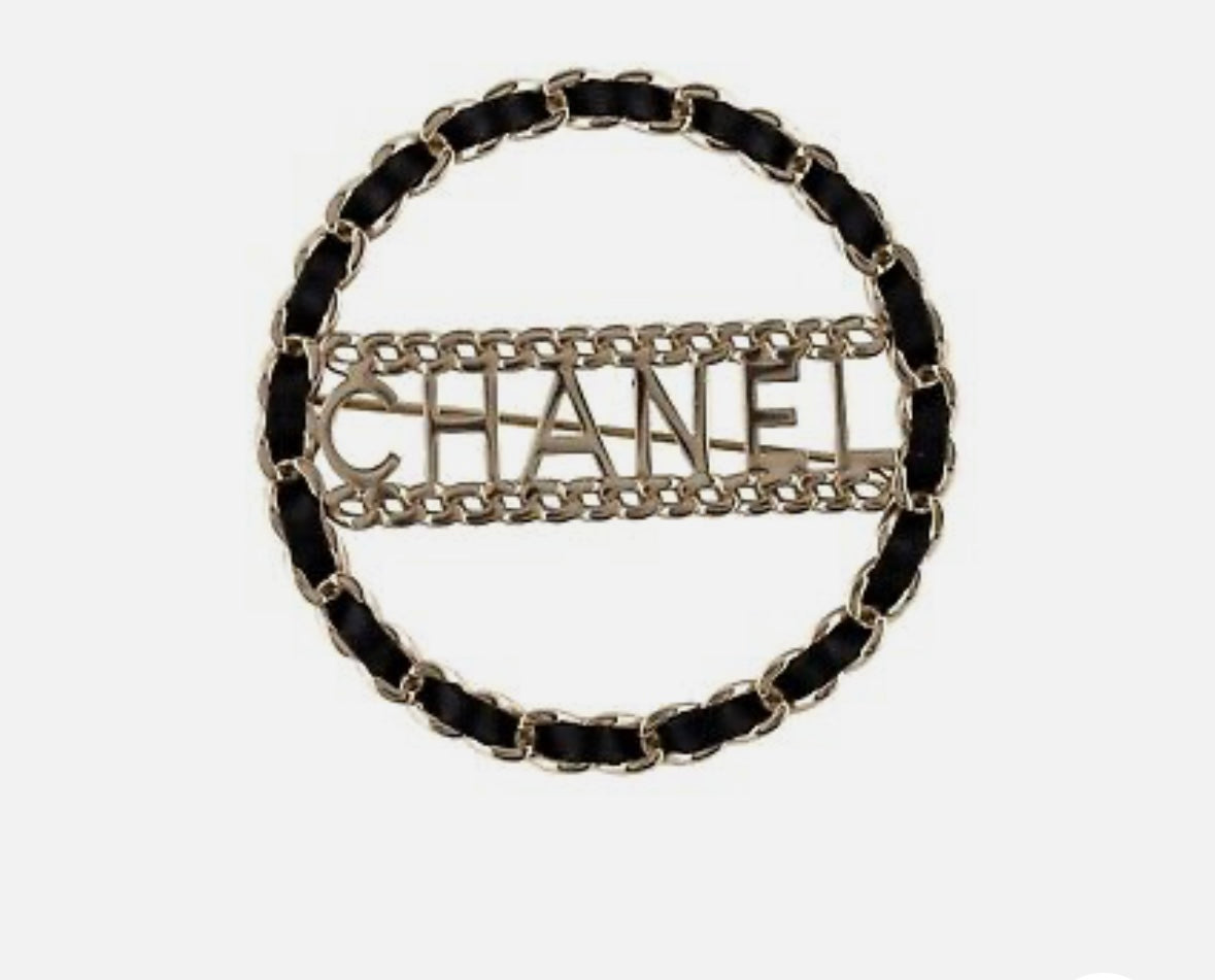 Vintage CHANEL Circle Black Leather Gold Chain Logo Pin/Brooch