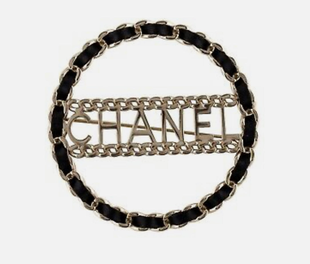 Chanel Small Leather Chain CC Logo Brooch White/Light Gold Tone